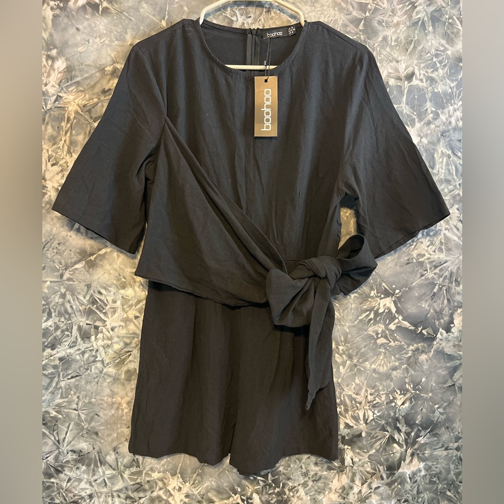 Boohoo Black Linen Twist Tie Playsuit Jumpsuit Romper 8 - Picture 3 of 9